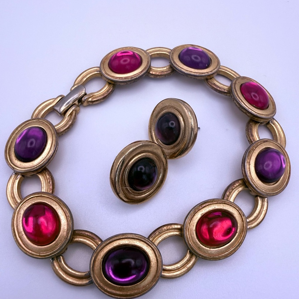 1980s vintage Monet YSL pink/purple jelly glass cabachon bracelet/earrings